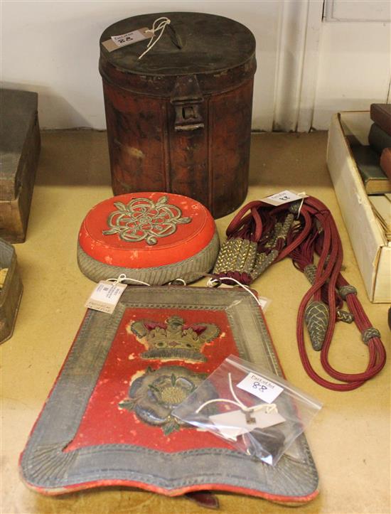 Early British Hussars military Busby dress hat & tin, pouch & tie, red felt helmet cap